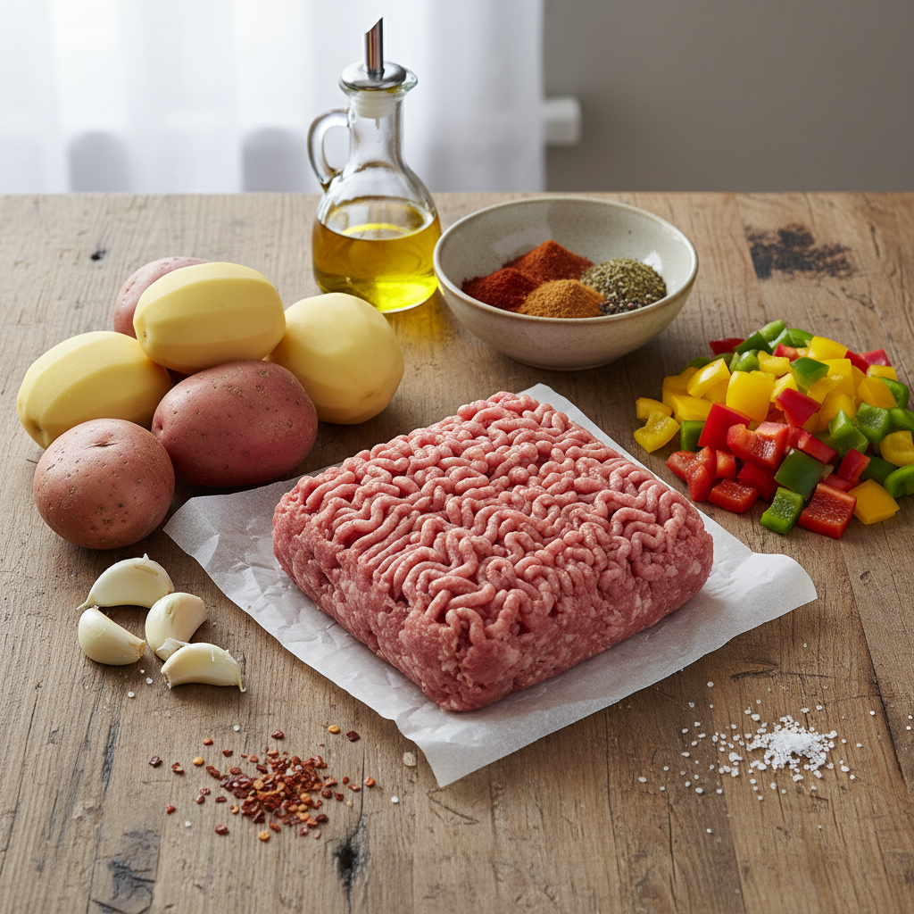 Ingredients for Easy Ground Turkey with Potatoes spread on table