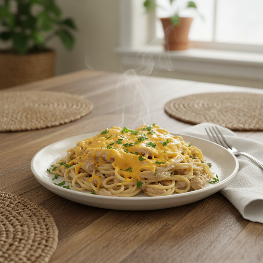 Creamy turkey spaghetti ready to serve