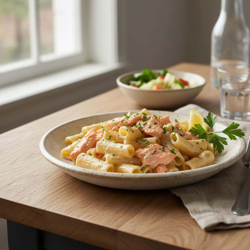 Creamy Garlic Salmon Pasta plated with garnishes