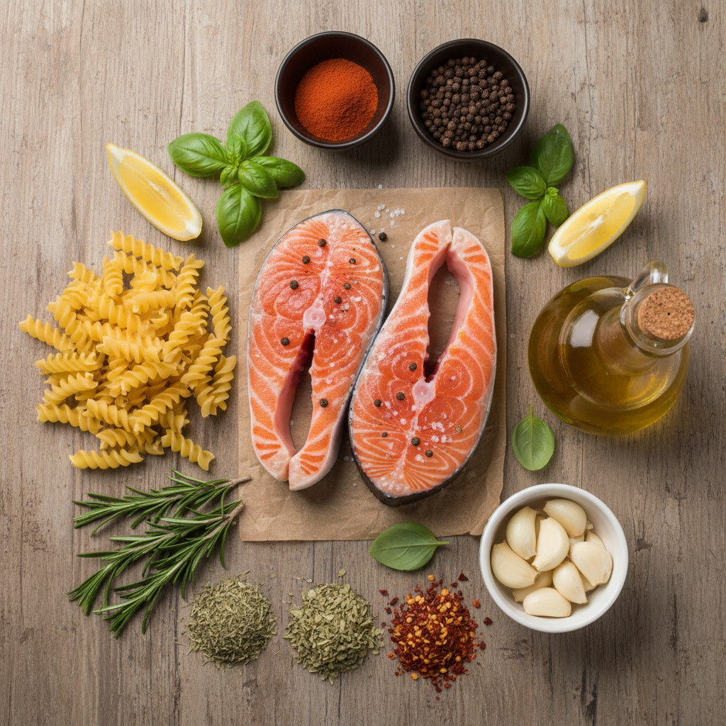 Ingredients for Creamy Garlic Salmon Pasta