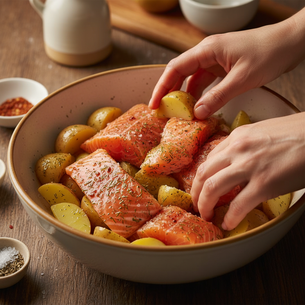 Salmon fillets being seasoned and cooked in skillet