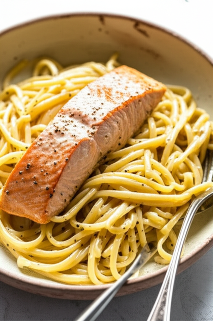 Creamy Garlic Salmon Pasta plated with garnish