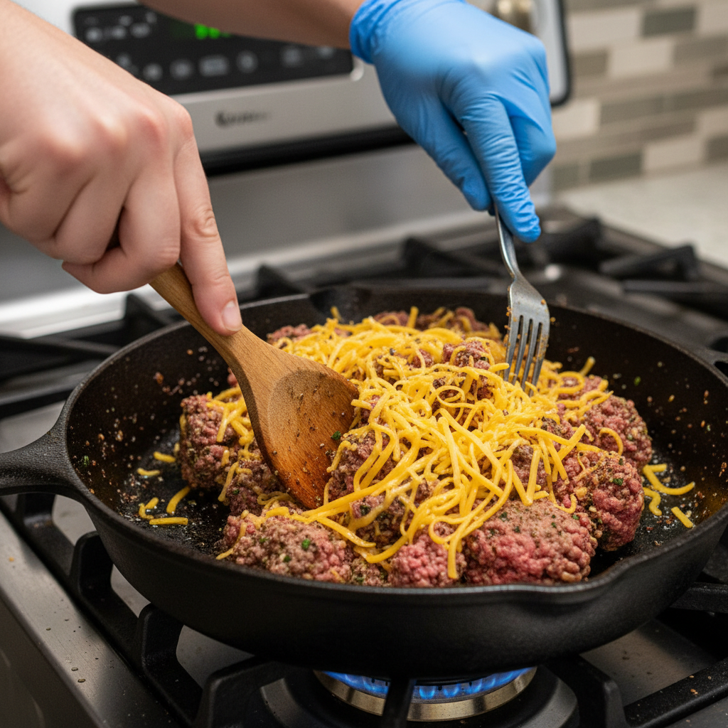 Cooked beef with melted cheddar cheese mixing in skillet