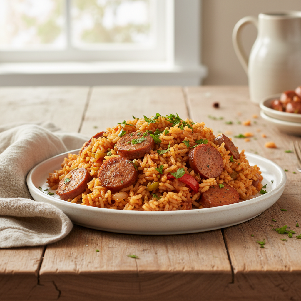 Garnishing Sausage and Rice Skillet with fresh parsley