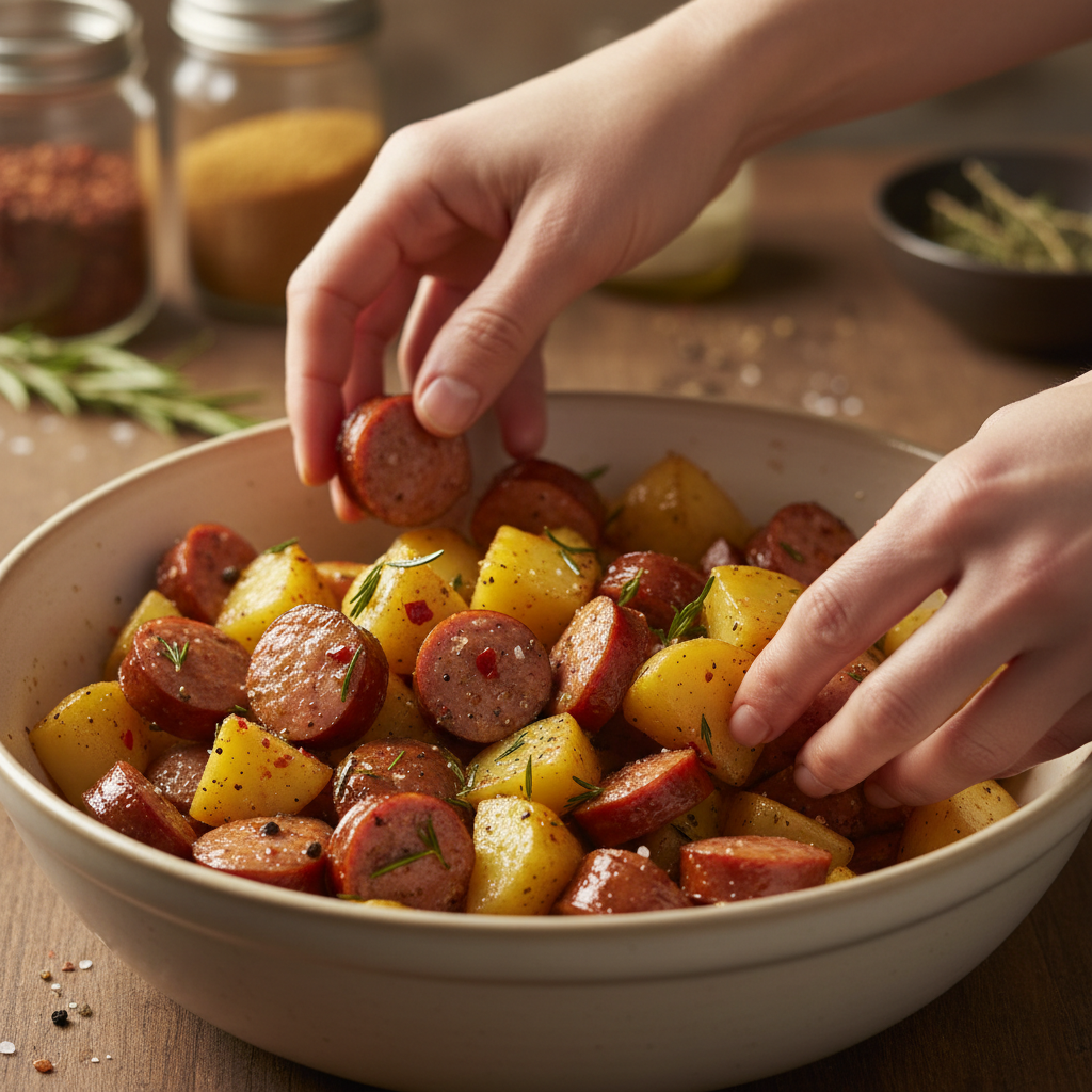 Browning the smoked sausage in skillet