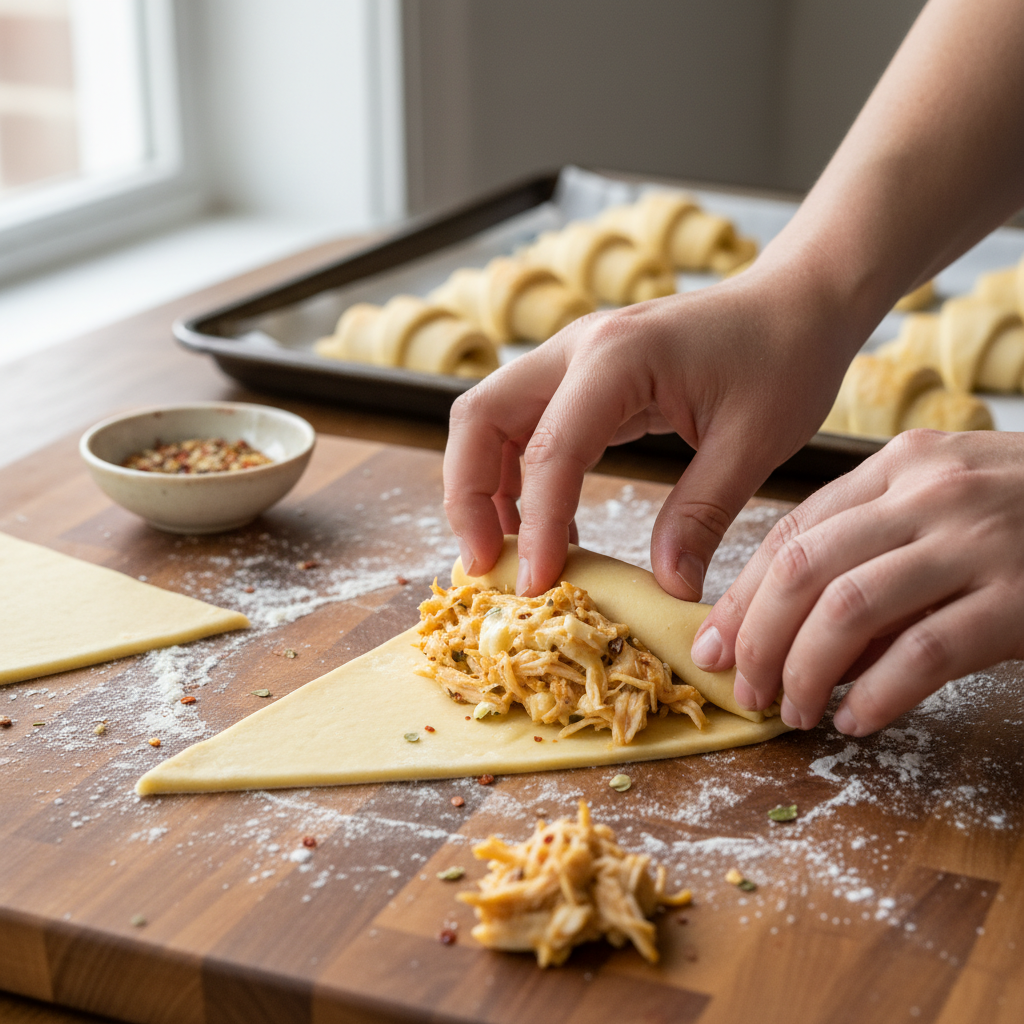 Rolling chicken mixture inside crescent dough