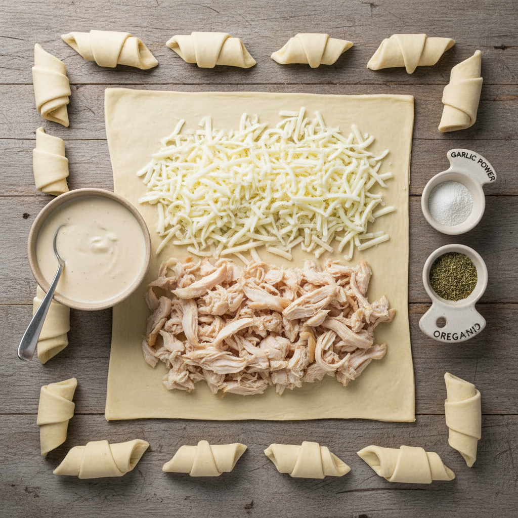 Equipment and ingredients for Cheesy Chicken Crescent Rolls
