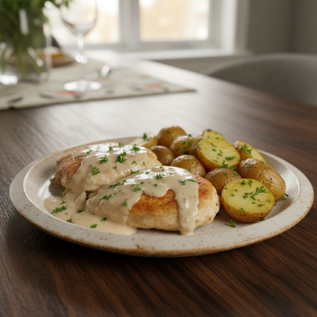 Creamy Garlic Chicken served with mashed potatoes and green beans