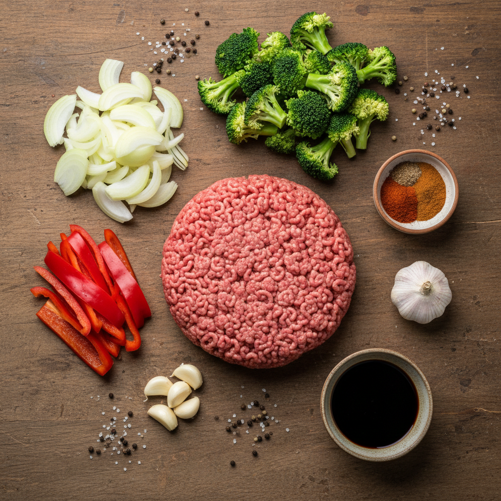 Ingredients for Keto Ground Beef and Broccoli