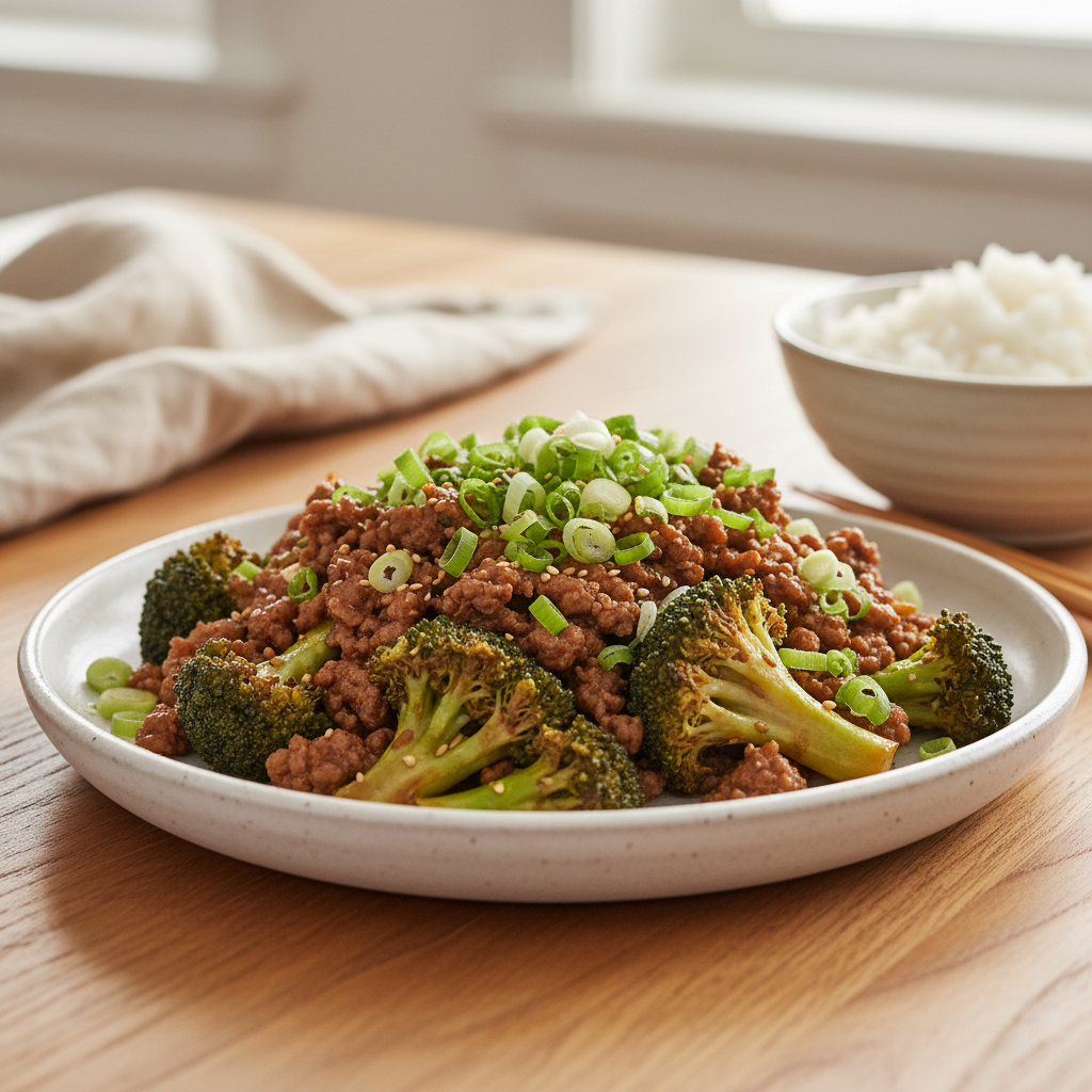 Finished Keto Ground Beef and Broccoli served