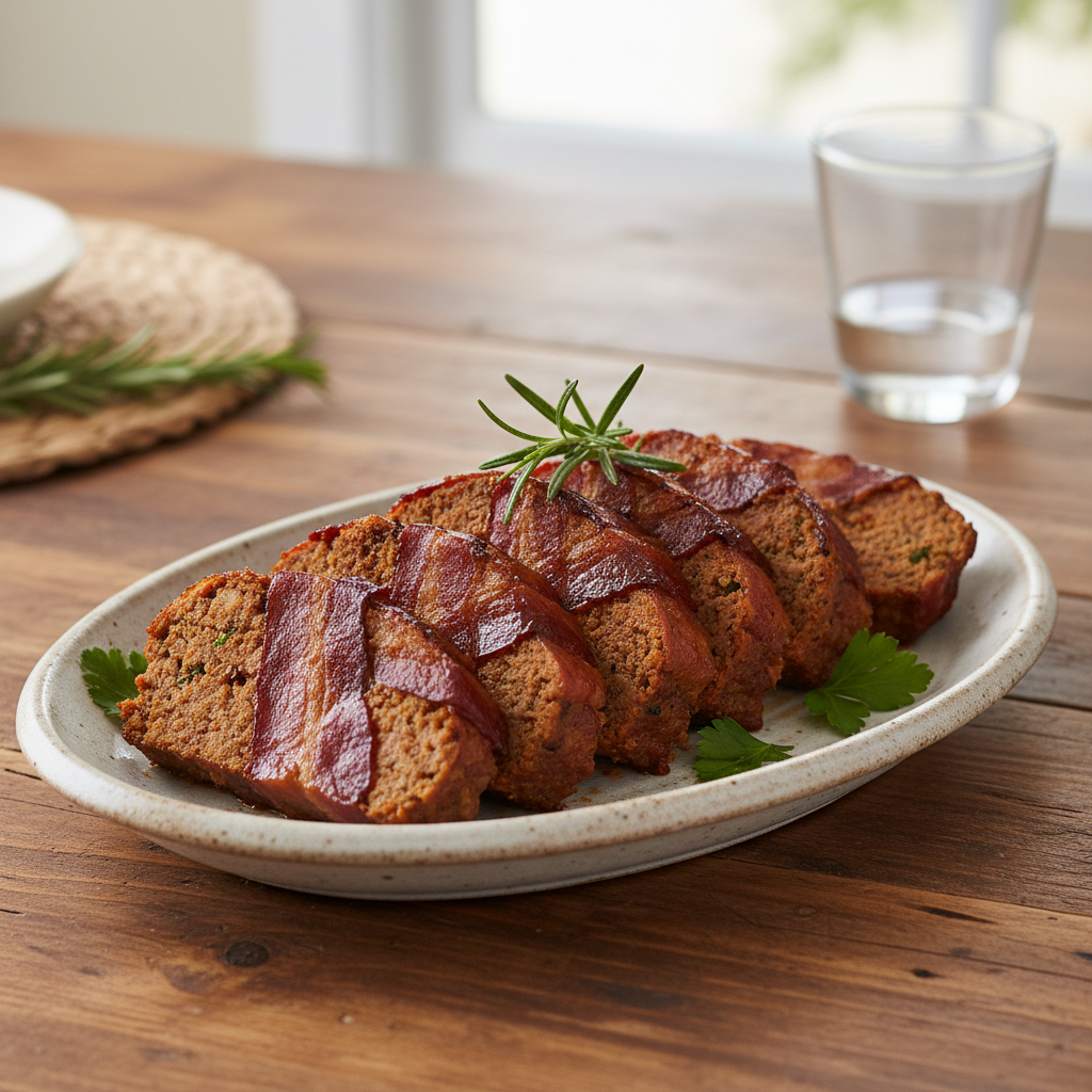 Sliced meatloaf served with mashed potatoes and green beans