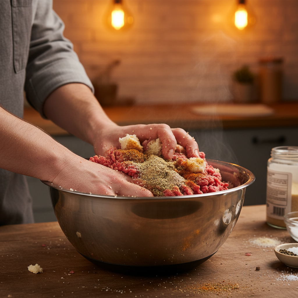Combining meatloaf ingredients by hand in bowl