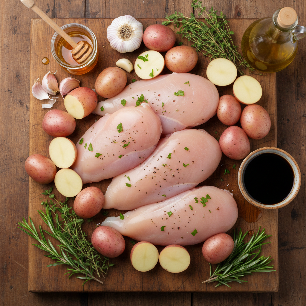 Ingredients laid out to prepare Honey Garlic Chicken