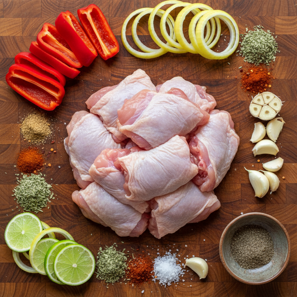 Ingredients spread out to prepare chicken fajitas