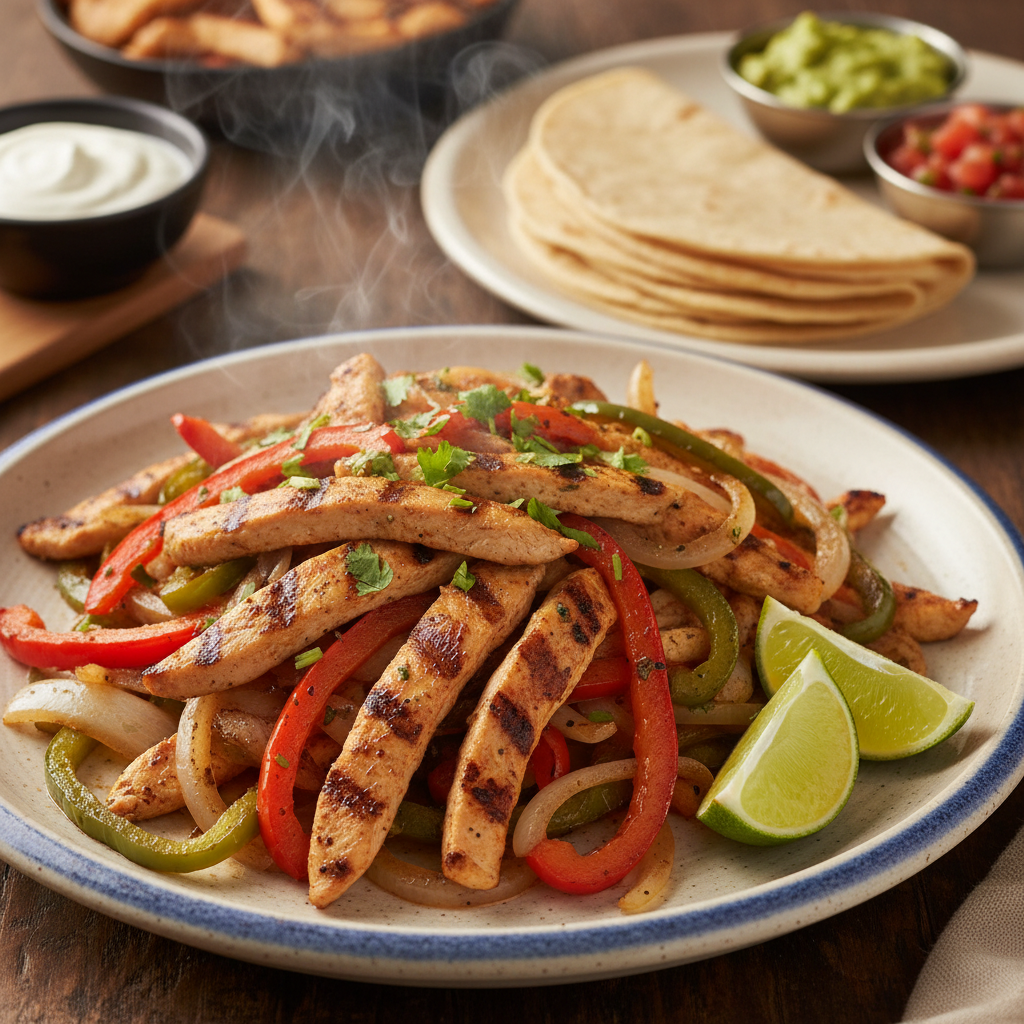 Plate of freshly made chicken fajitas ready to serve