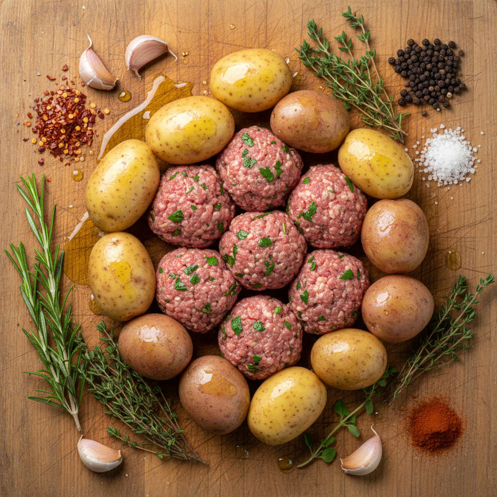 Ingredients for rice and meatballs