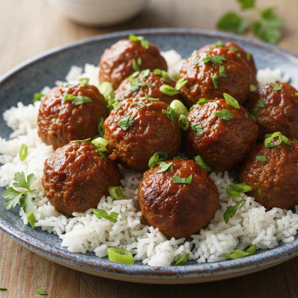Serving rice and meatballs with salad