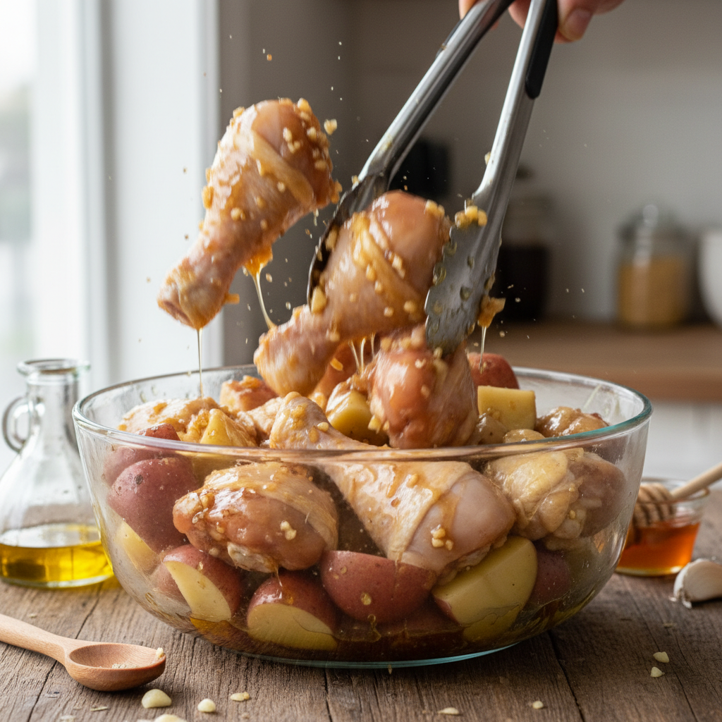 Cooking garlic, ginger and sauce ingredients in skillet
