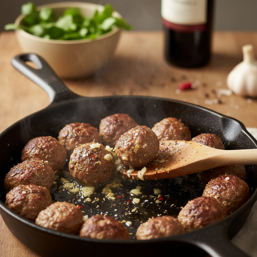 Meatballs cooking in skillet