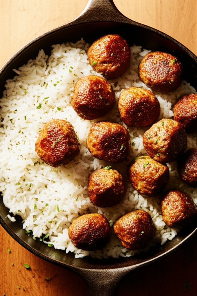 Rice and Meatballs meal in a bowl