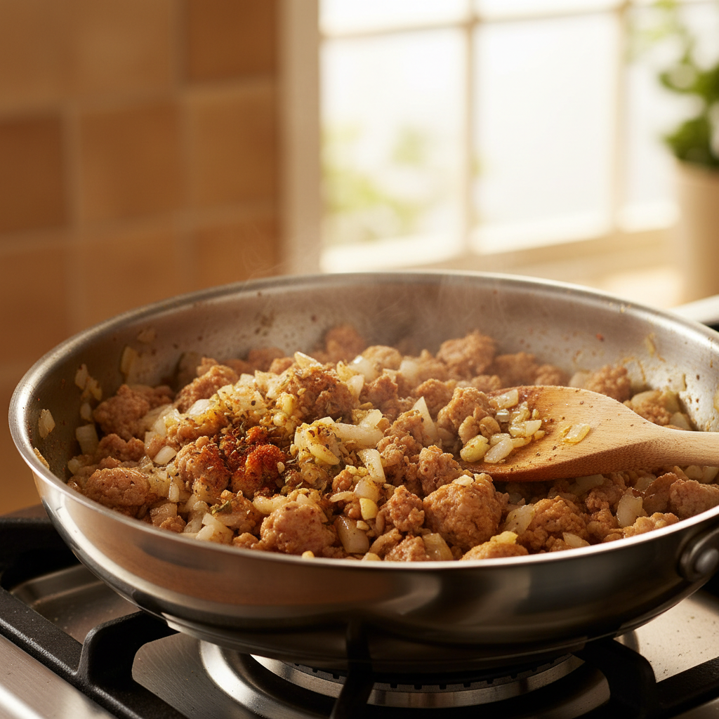 Cooking Ground Turkey with Garlic and Spices
