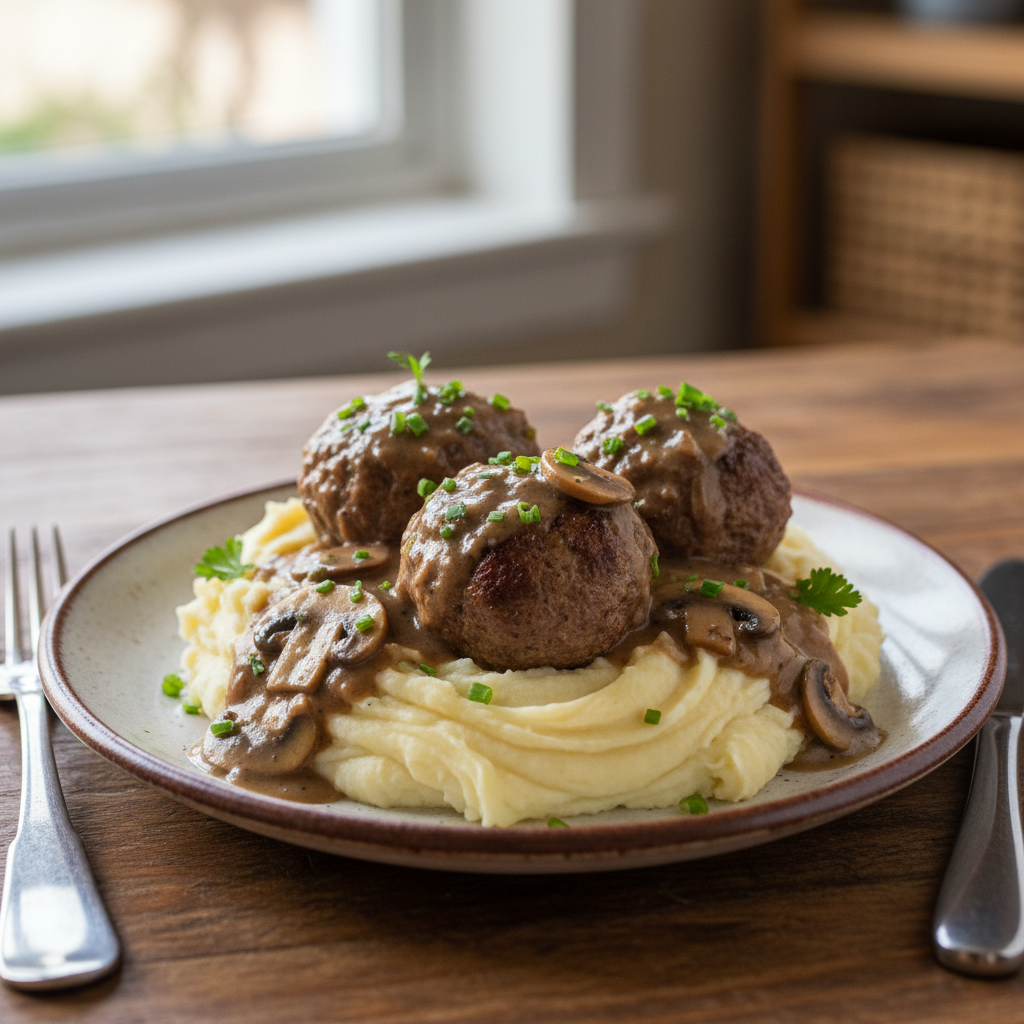 Salisbury steak meatballs served