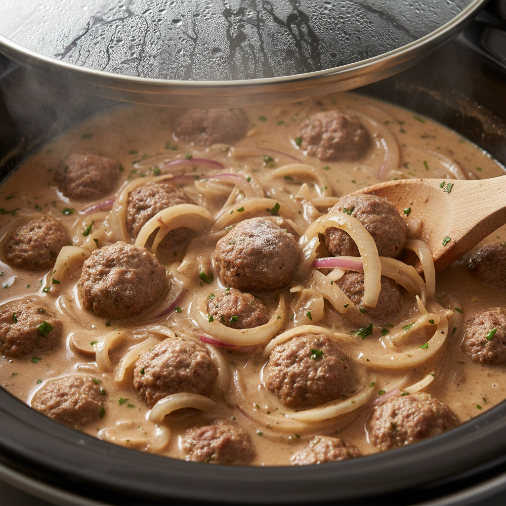 Mixing meatballs with gravy ingredients in slow cooker
