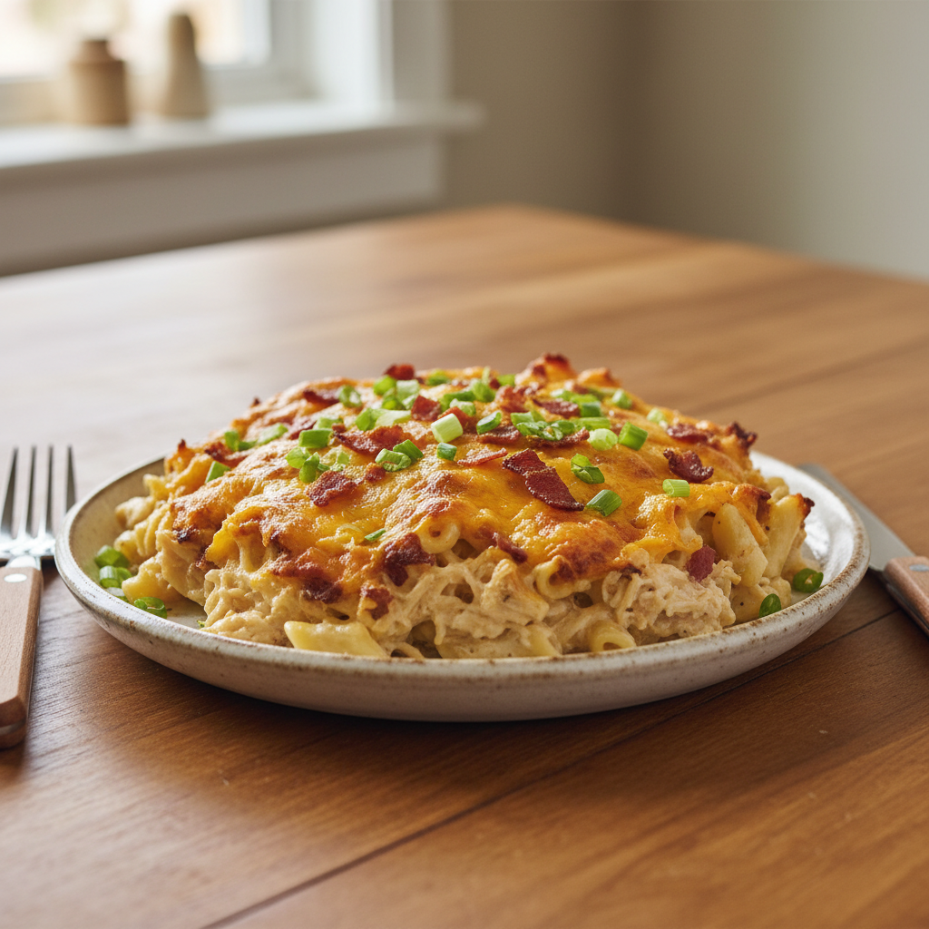 Finished crack chicken casserole in baking dish ready to serve
