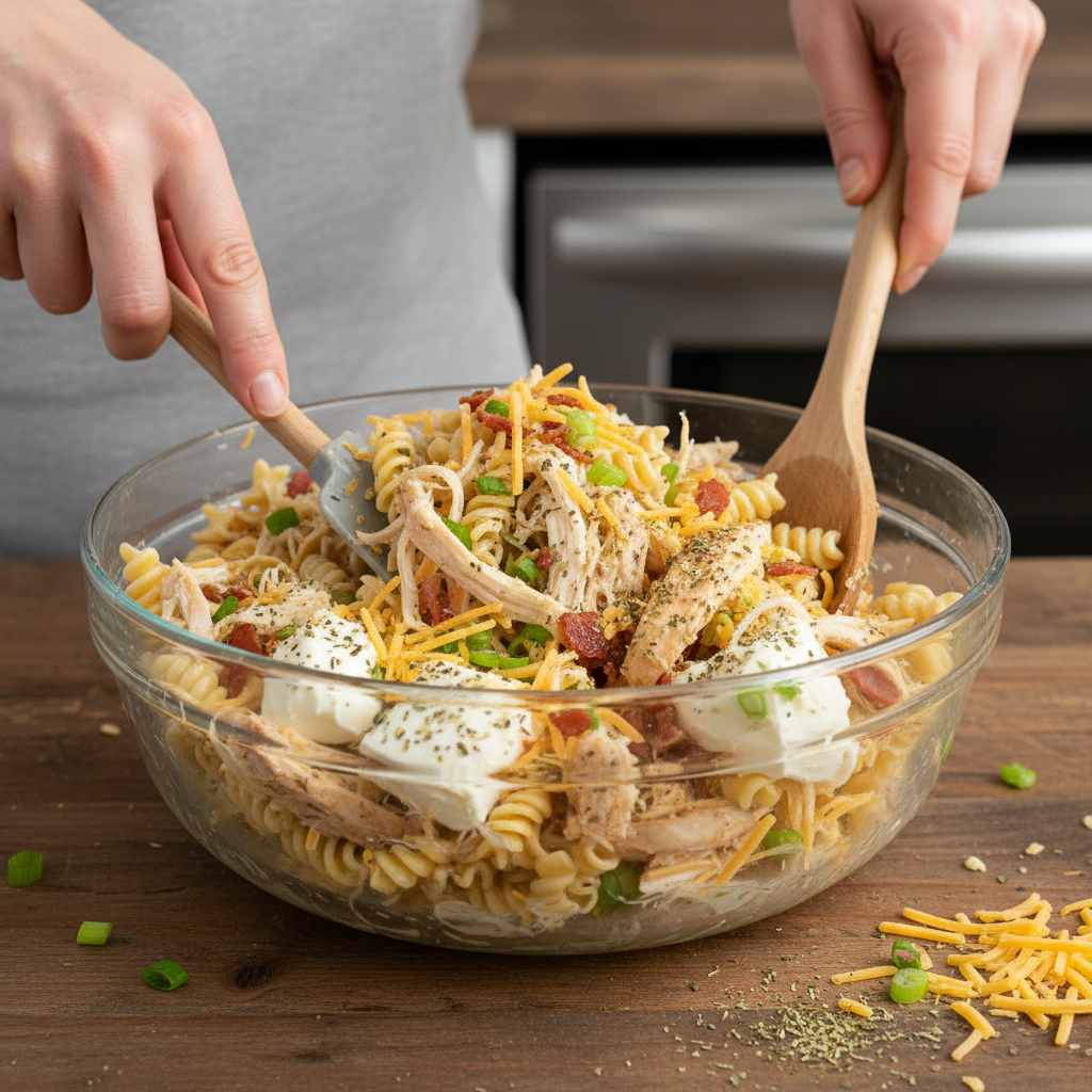 Mixing all ingredients in a bowl for crack chicken casserole