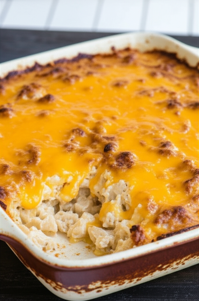 Cheesy creamy crack chicken casserole fresh out of oven