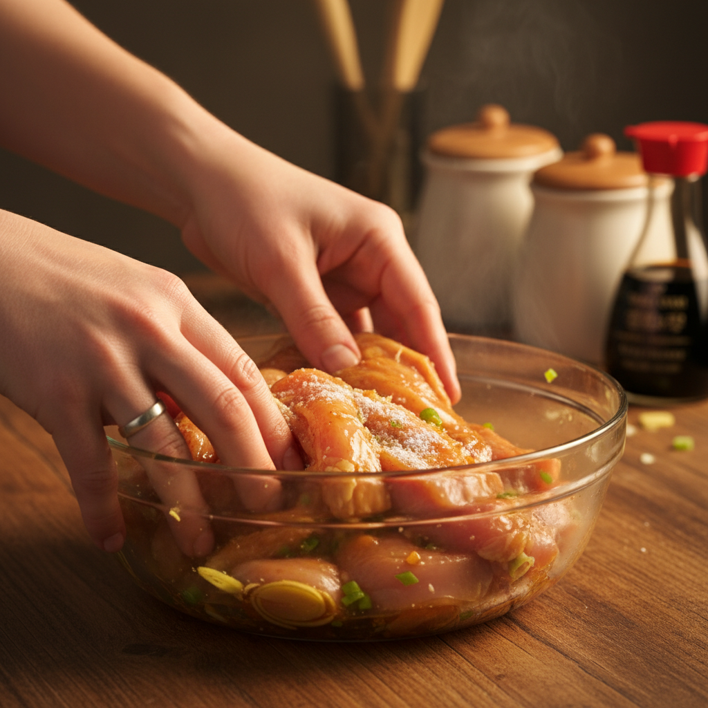 Marinating chicken slices in preparation for stir-fry