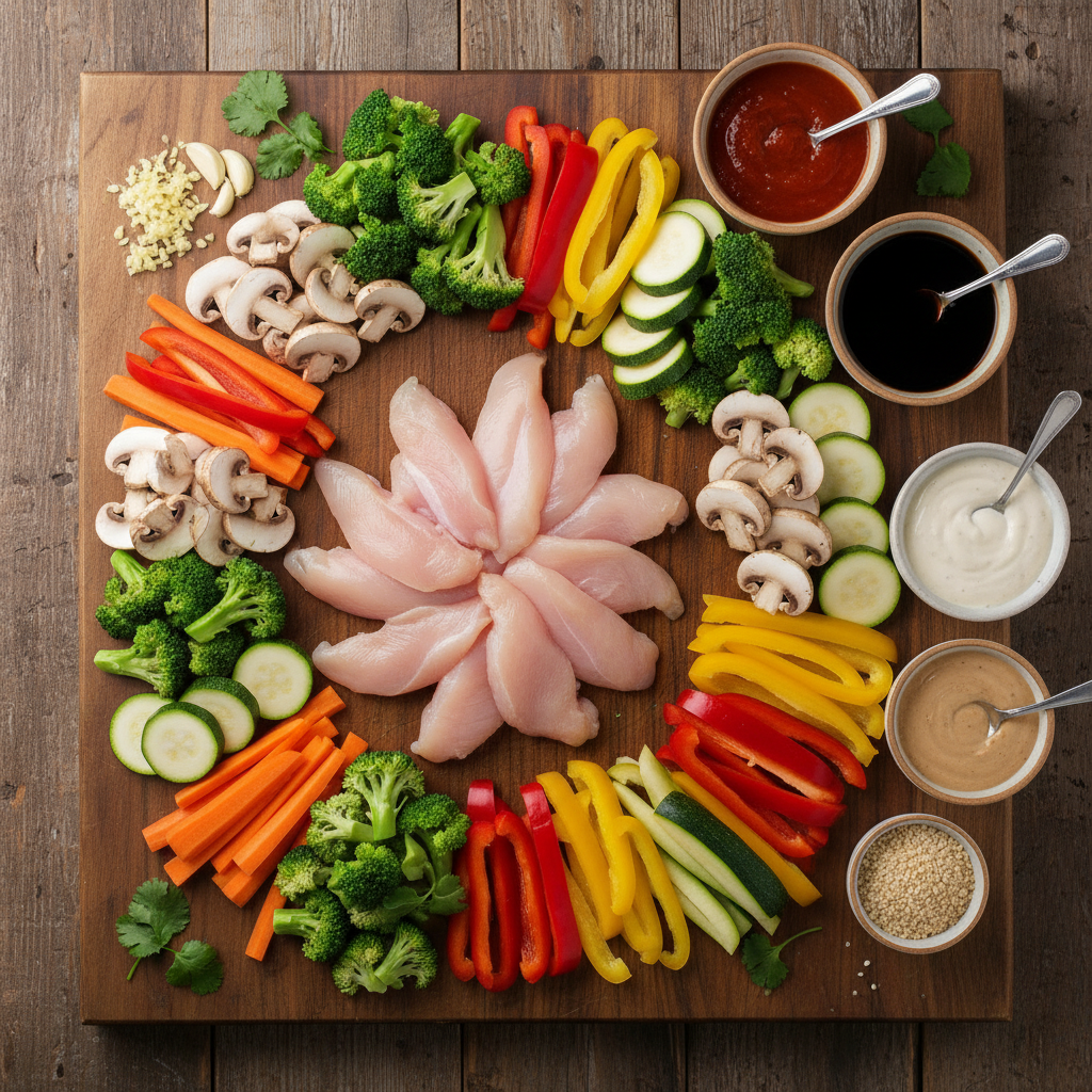 Ingredients for stir-fried chicken with mixed vegetables