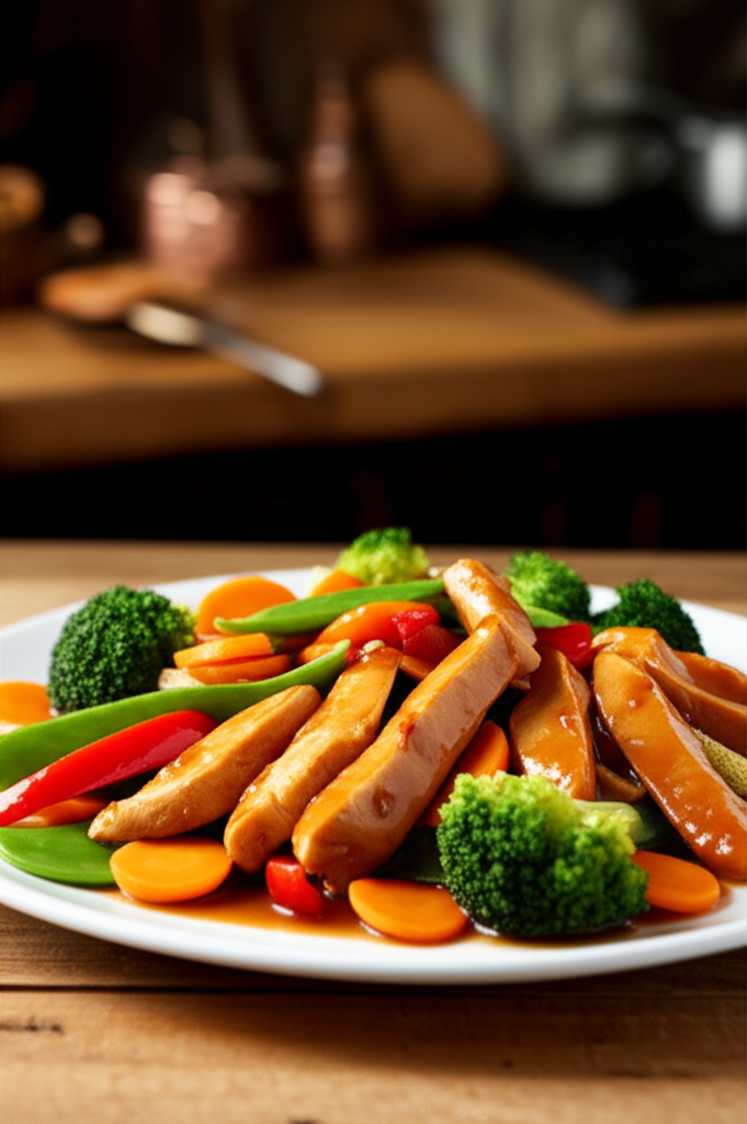 Stir-fried chicken with mixed vegetables on a plate
