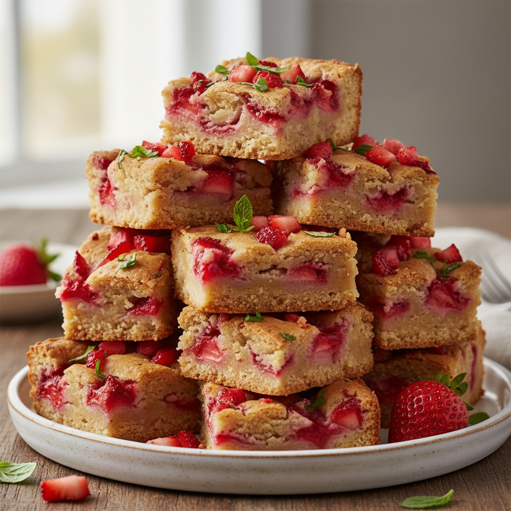 Cut strawberry blondie bars ready to serve