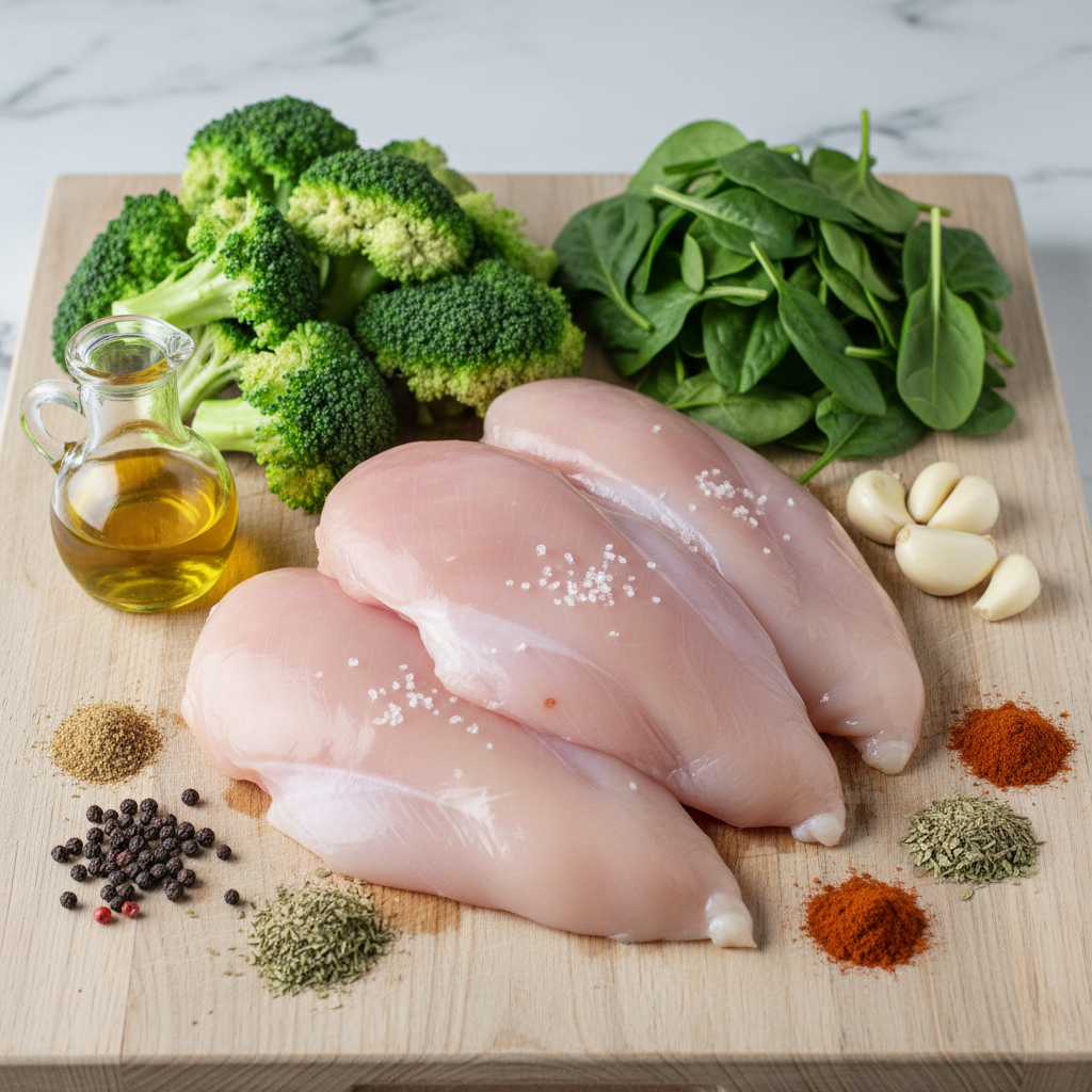 Ingredients for Garlic Chicken with Broccoli and Spinach
