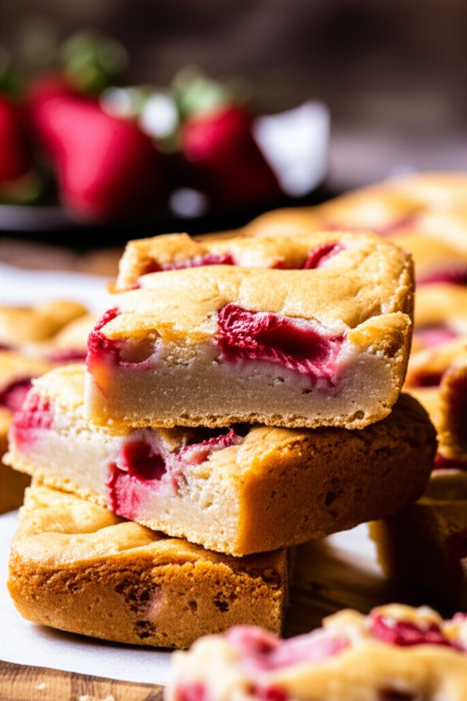 Soft and chewy strawberry blondies with fresh strawberries