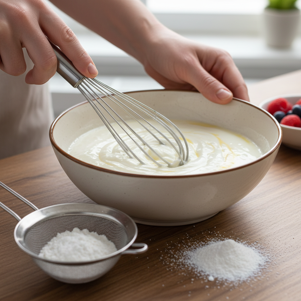 Whisking yogurt and eggs for creamy yogurt cake