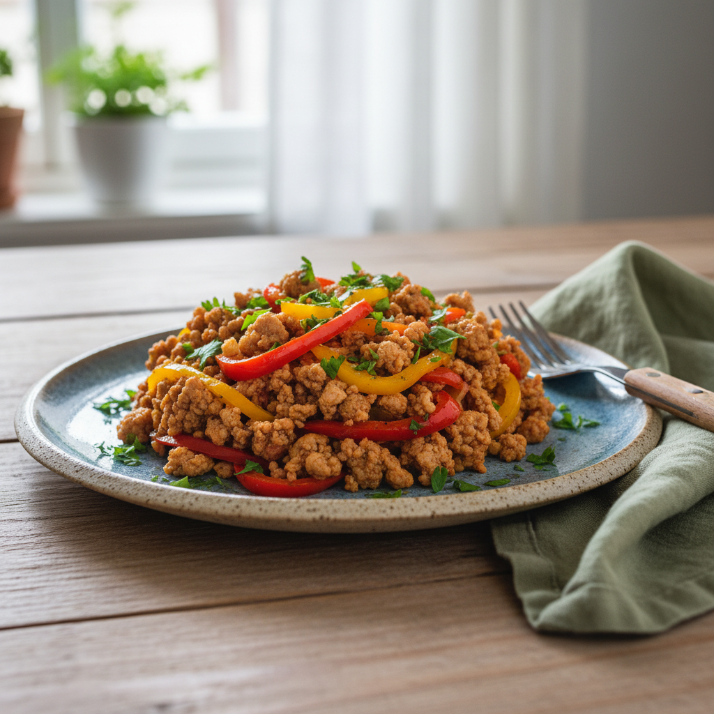 Ground Turkey and Peppers served with fresh parsley garnish and side dishes