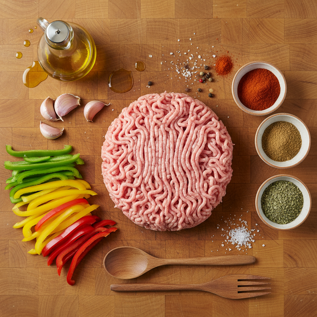 Ingredients for ground turkey and peppers