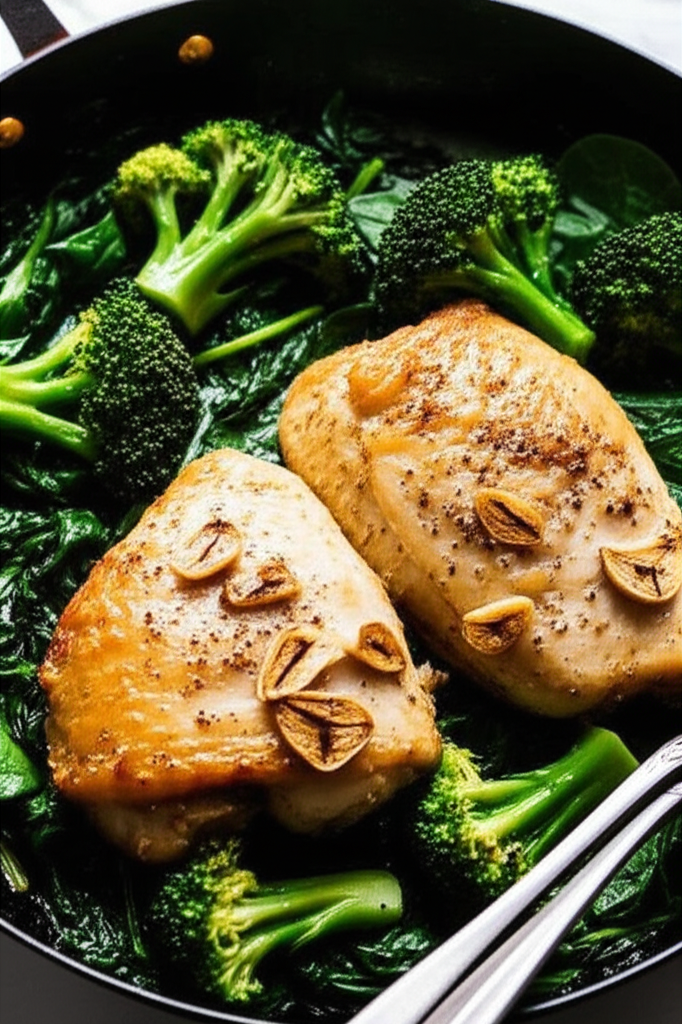 Garlic Chicken with Broccoli and Spinach plated meal