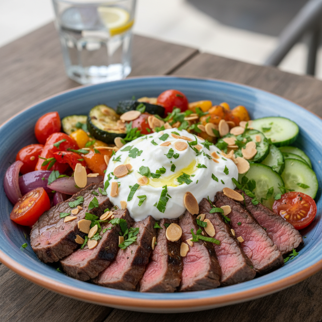 Finished Mediterranean Steak Bowl served