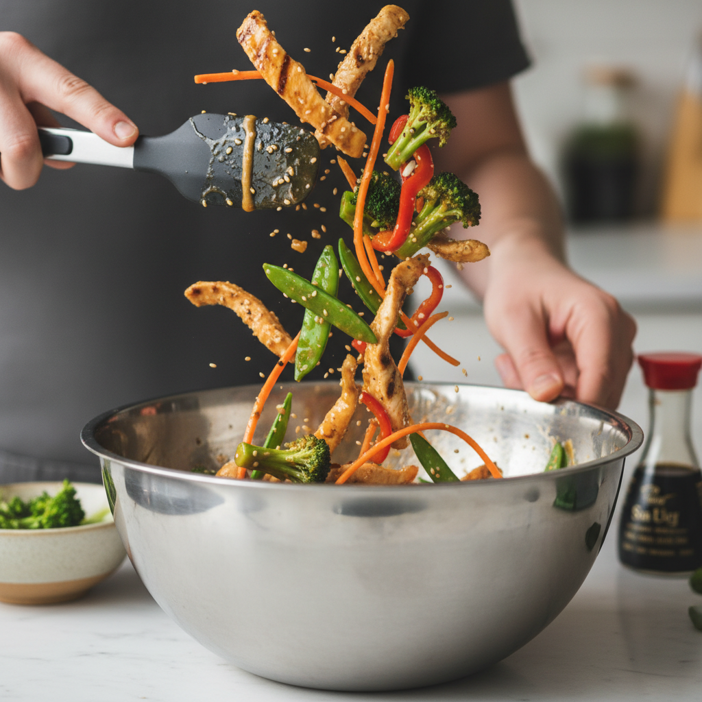 Chicken and vegetables tossed with sesame sauce on sheet pan