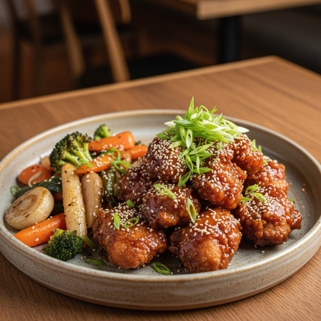 Finished sesame chicken and veggies served dish