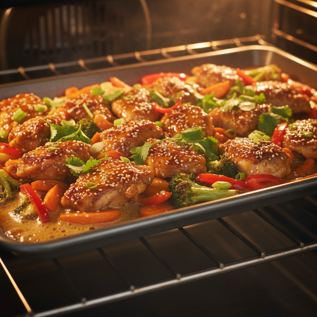 Sheet Pan Sesame Chicken and Veggies meal plated