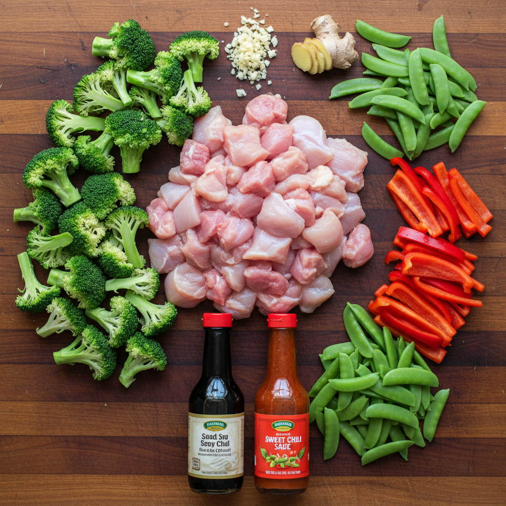 Ingredients for Sesame Chicken and Veggies on sheet pan