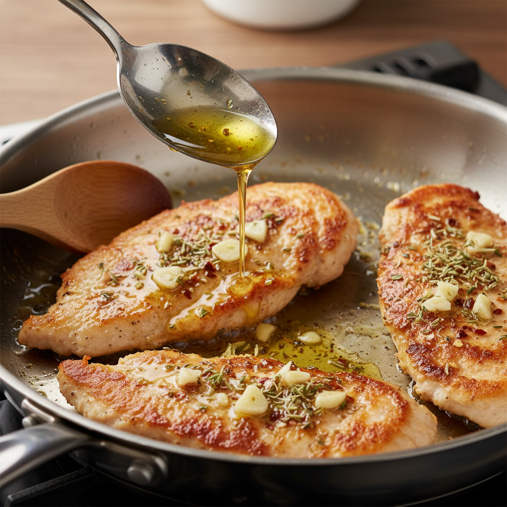 Chicken searing in pan to golden brown