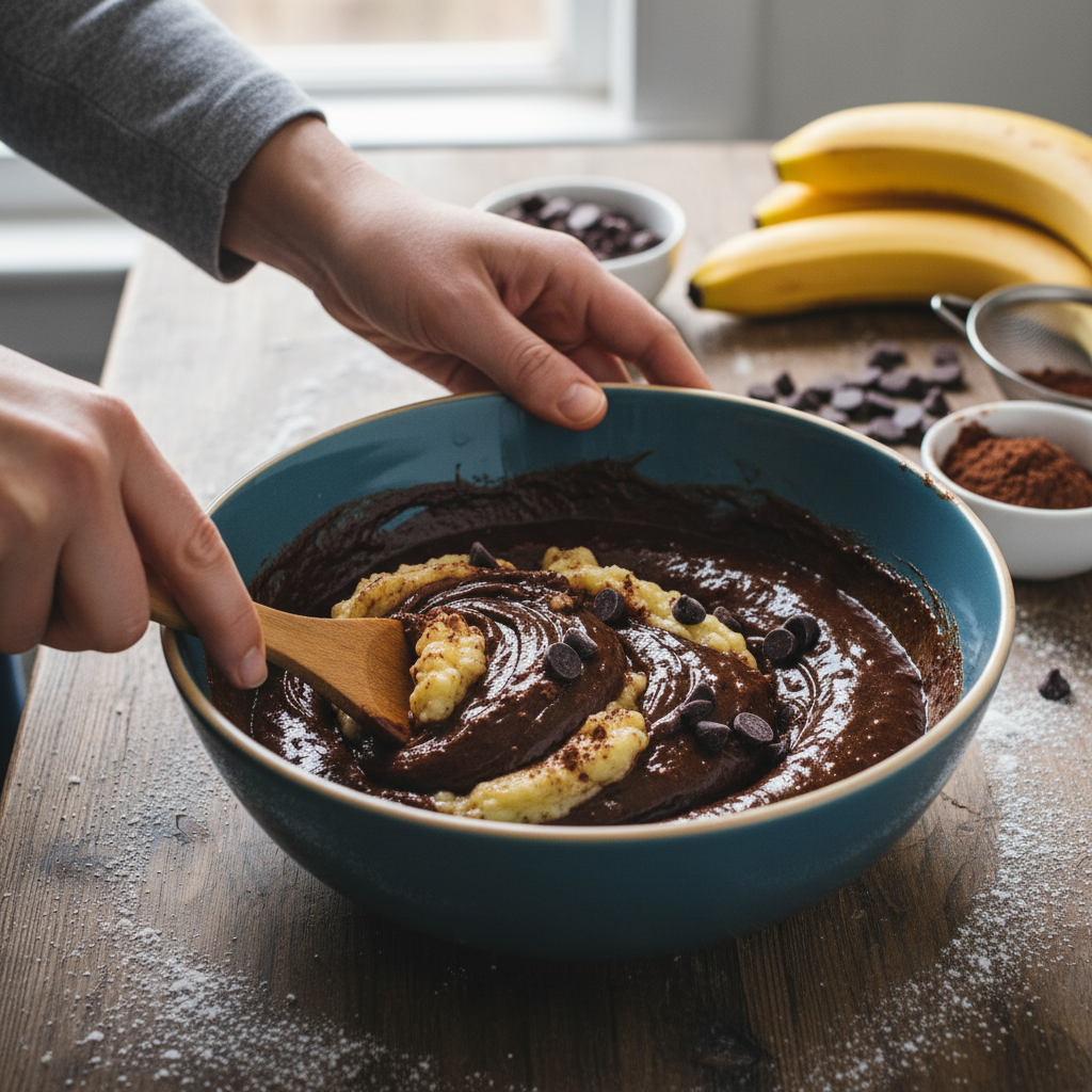 Stirring in chocolate chips into banana brownie batter