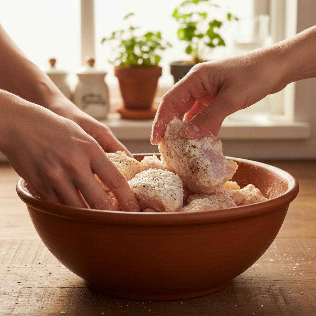 Coating chicken in cornflour and seasoning