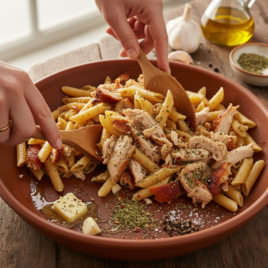 Making the garlic butter sauce and adding chicken to pasta