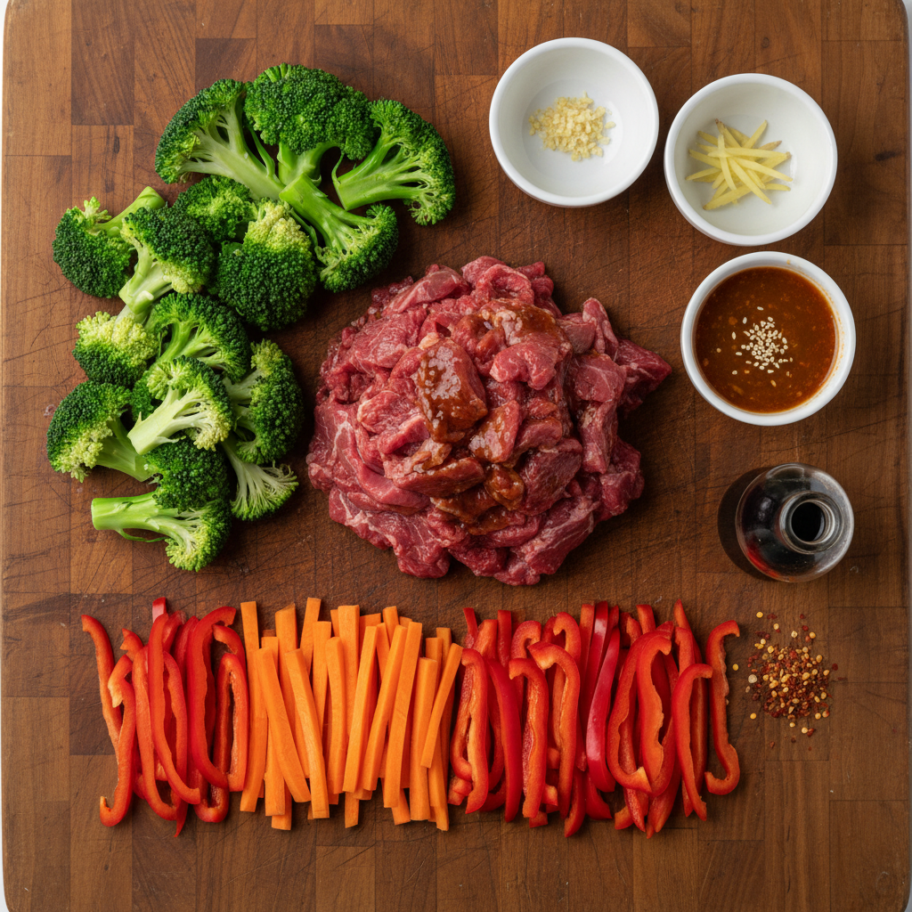 Ingredients needed for beef and broccoli recipe